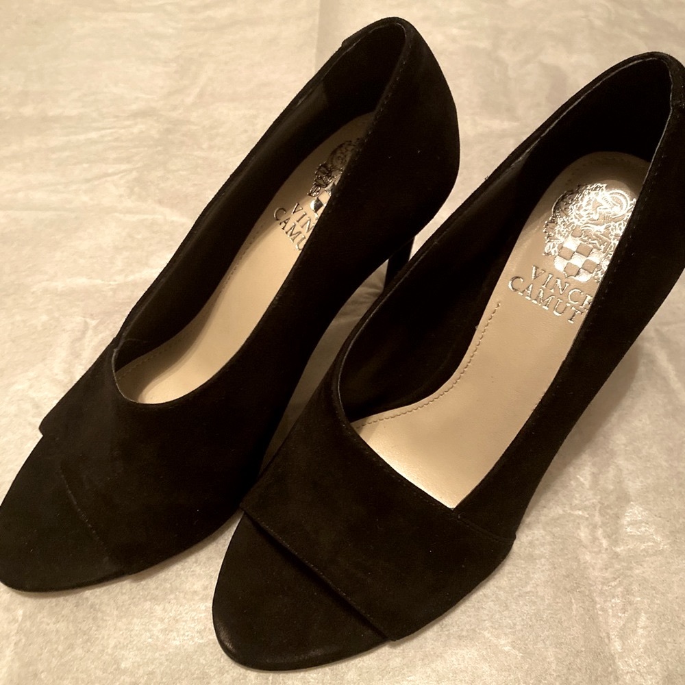 Vince Camuto black peep toe microsuede stiletto pumps. Brand new.